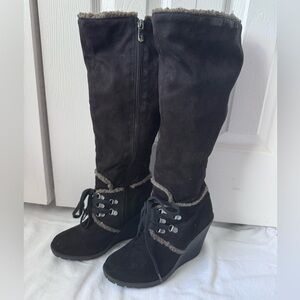 Loft suede-like black boots with gray fax fur trim
